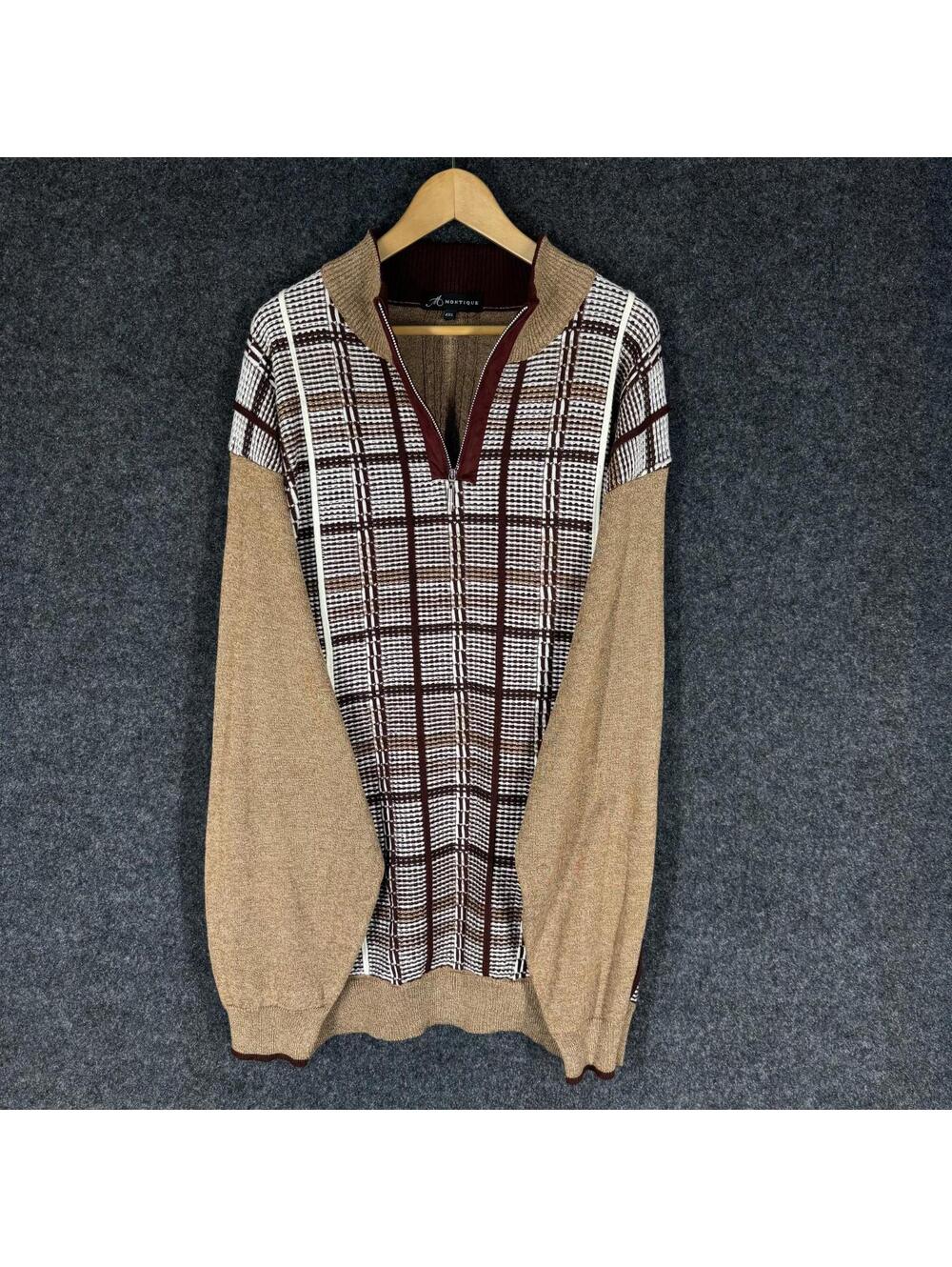 Montique Sweater Pullover Men 4XL Beige Plaid Zipper Long Sleeve Knit Acrylic